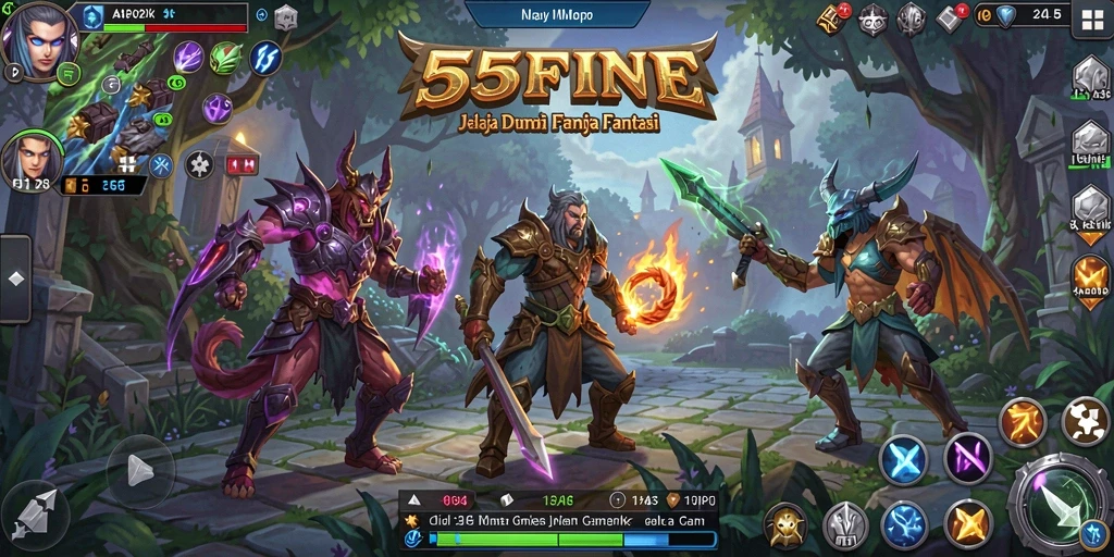Tangkapan layar 55FIVE menampilkan aksi pertarungan seru di dunia fantasi.