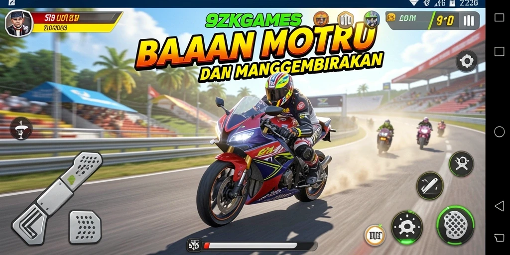 Gameplay 9ZKGAMES menampilkan aksi balapan motor yang mendebarkan di trek menantang.