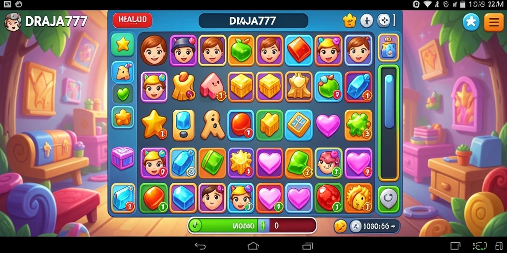 Screenshot DRAJA777 menunjukkan gameplay Match-3 yang dinamis dan penuh warna.