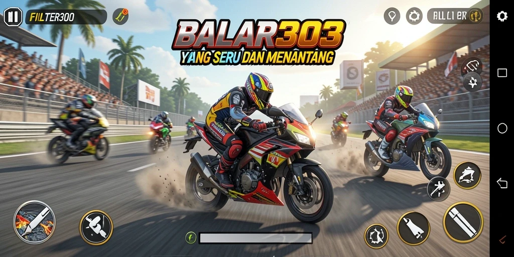 Tangkapan layar FILTER303 menampilkan aksi balap motor yang intens.