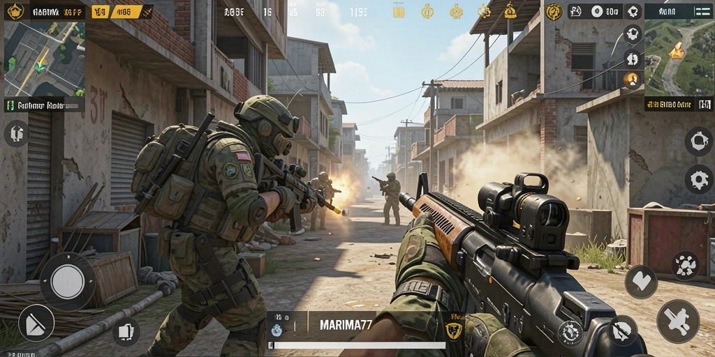 Screenshot gameplay MARIMA77 menampilkan pertempuran intens dengan grafis mengagumkan.
