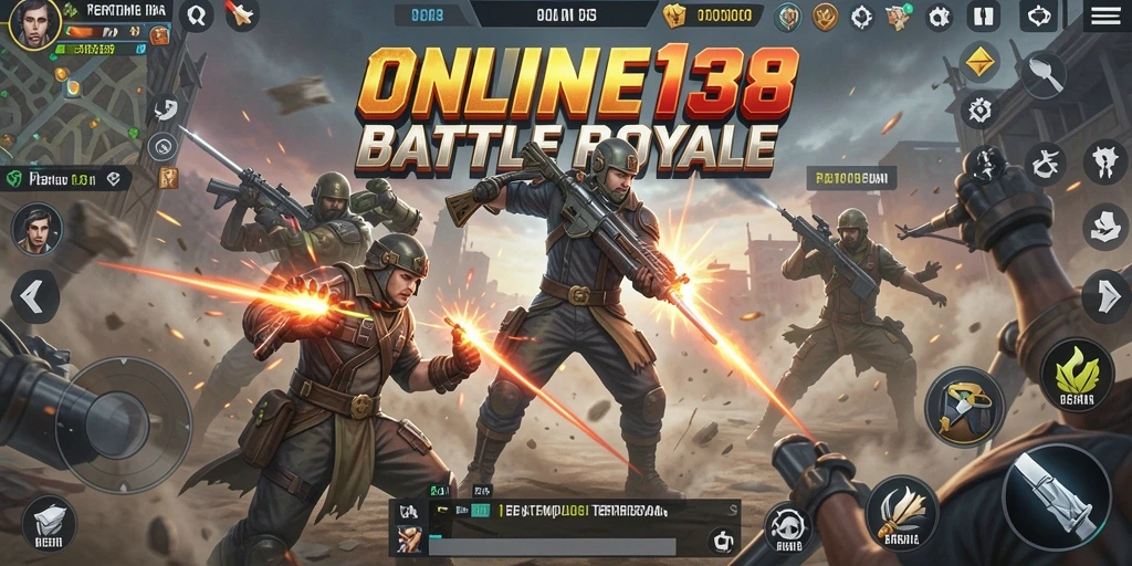 Screenshot utama ONLINE138 menunjukkan aksi pertempuran seru dalam game Battle Royale.