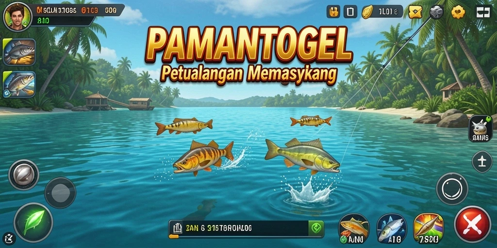 Screenshot gameplay menunjukkan aksi memancing yang menegangkan dalam PAMANTOGEL.
