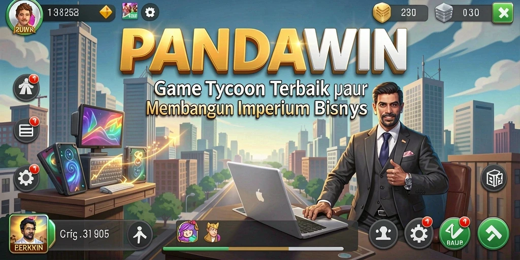 Screenshot gameplay PANDAWIN yang menampilkan strategi bisnis dan manajemen tim.