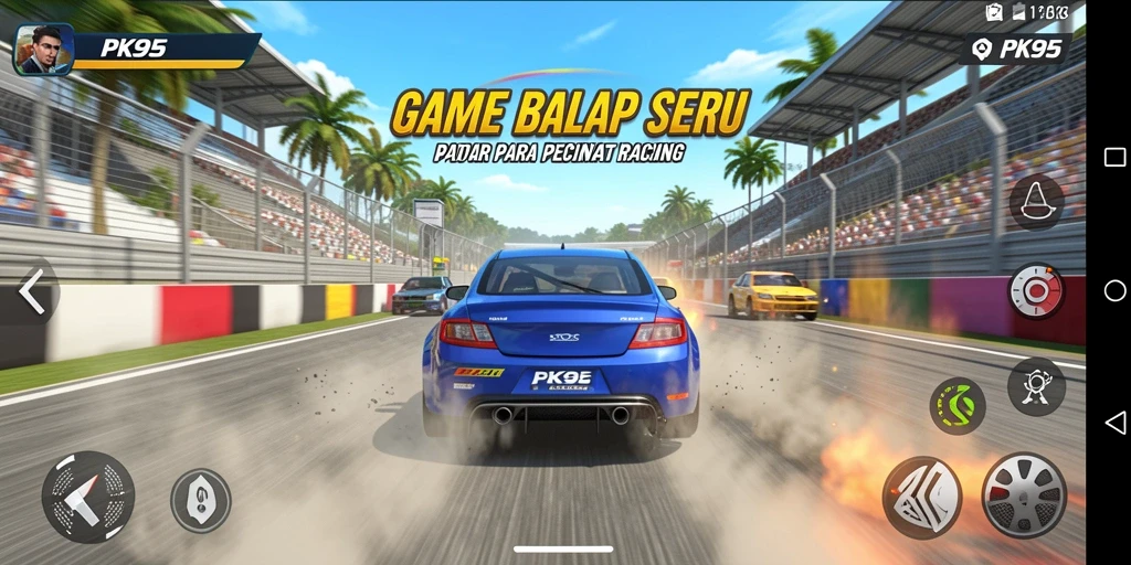 Screenshot gameplay PK95 menampilkan mobil balap cepat di sirkuit berliku.