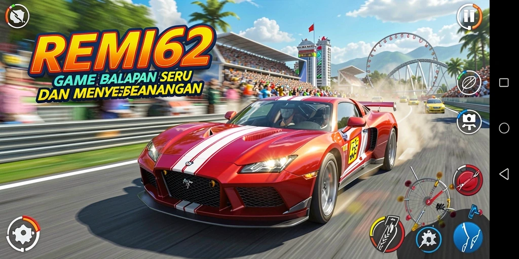 Tampilan screenshot menunjukkan aksi balapan cepat dan seru di REMI62.