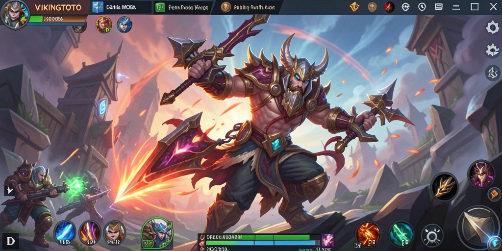 Tangkapan layar utama VIKINGTOTO menampilkan aksi pertempuran intens dalam game MOBA.